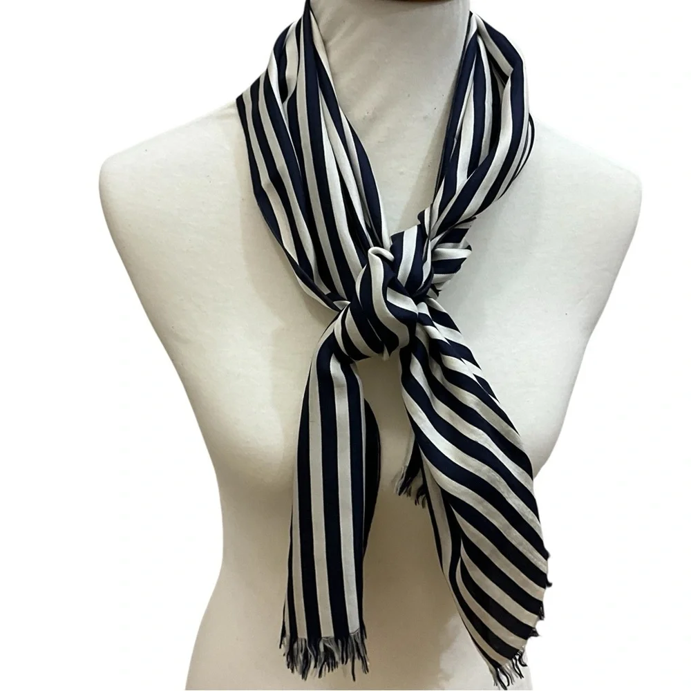 Saks Fifth Ave Pure Silk Navy Ivory Striped Scarf Fringe Classic